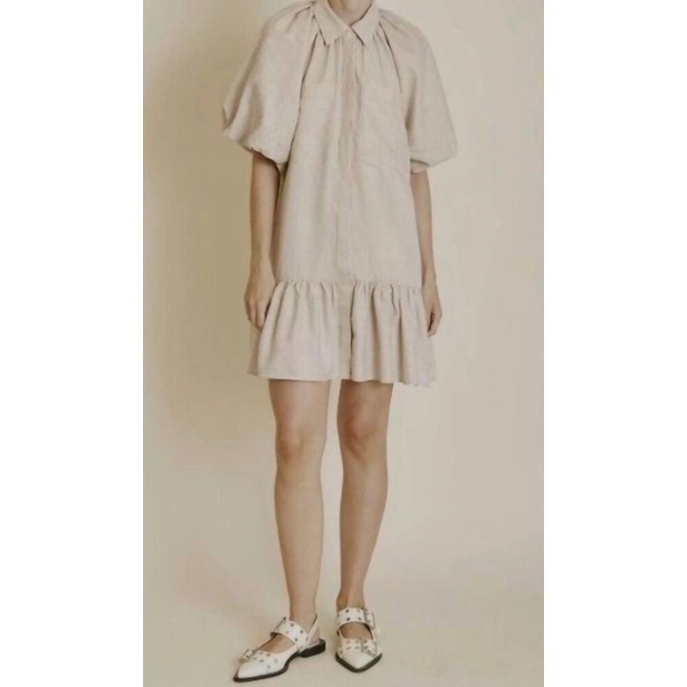 Aureum the Label Puff Sleeve Collared Mini Dress Neutral Beige Ruffle Small